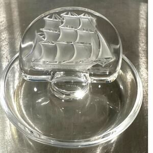 Lalique France Signed Clear Crystal Caravelle Clipper Ship Jewelry Trinket Dish